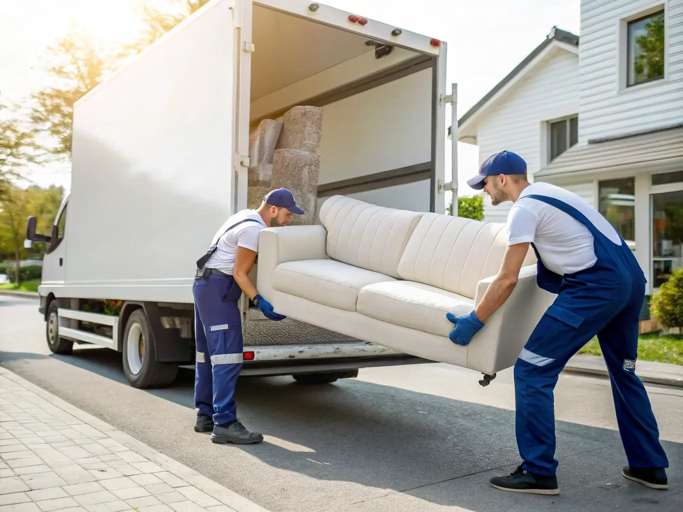 Movers from ReadySet Help carefully wrapping and loading a large wooden wardrobe onto a moving truck, demonstrating their furniture moving expertise.