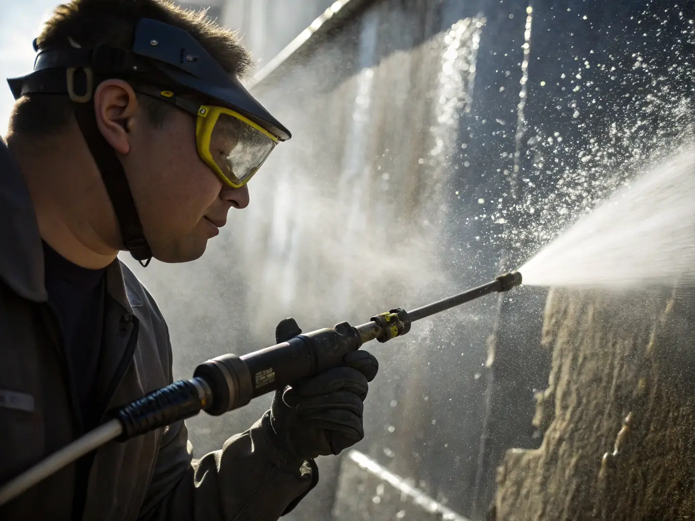A ReadySet Help technician using a power washer to clean a heavily soiled driveway, revealing the clean surface underneath.