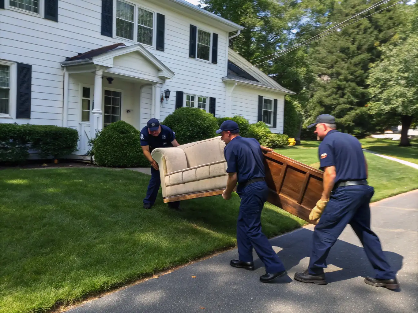 A team of ReadySet Help professionals removing an old couch and other household junk from a cluttered garage, showcasing their junk removal service.