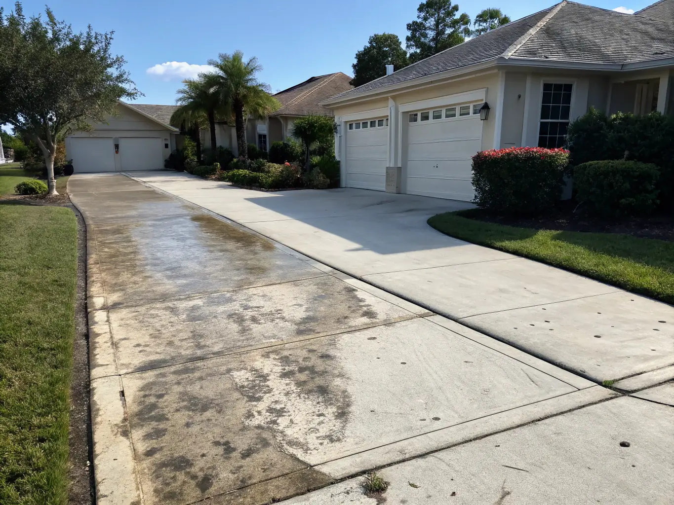 A before-and-after shot of a driveway being power washed, demonstrating the effectiveness of ReadySet Help's power washing service.